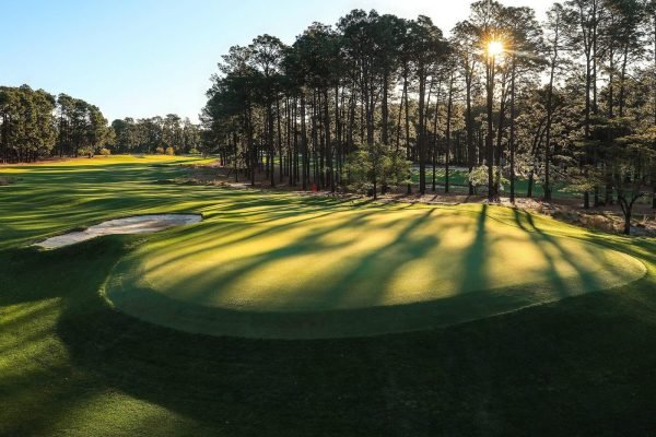 Golfer teeing off at Pinehurst Resort, minutes away from Vacation Pines lodging.